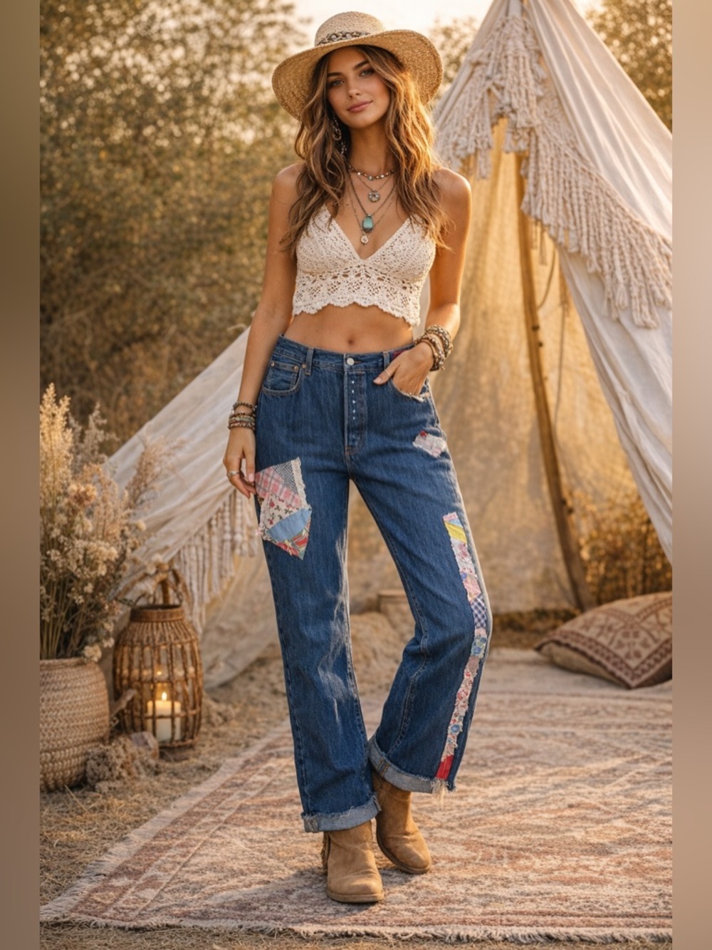 Maevey J Upcycled Bohemian Straight-Leg Patchwork Jeans - Blue
